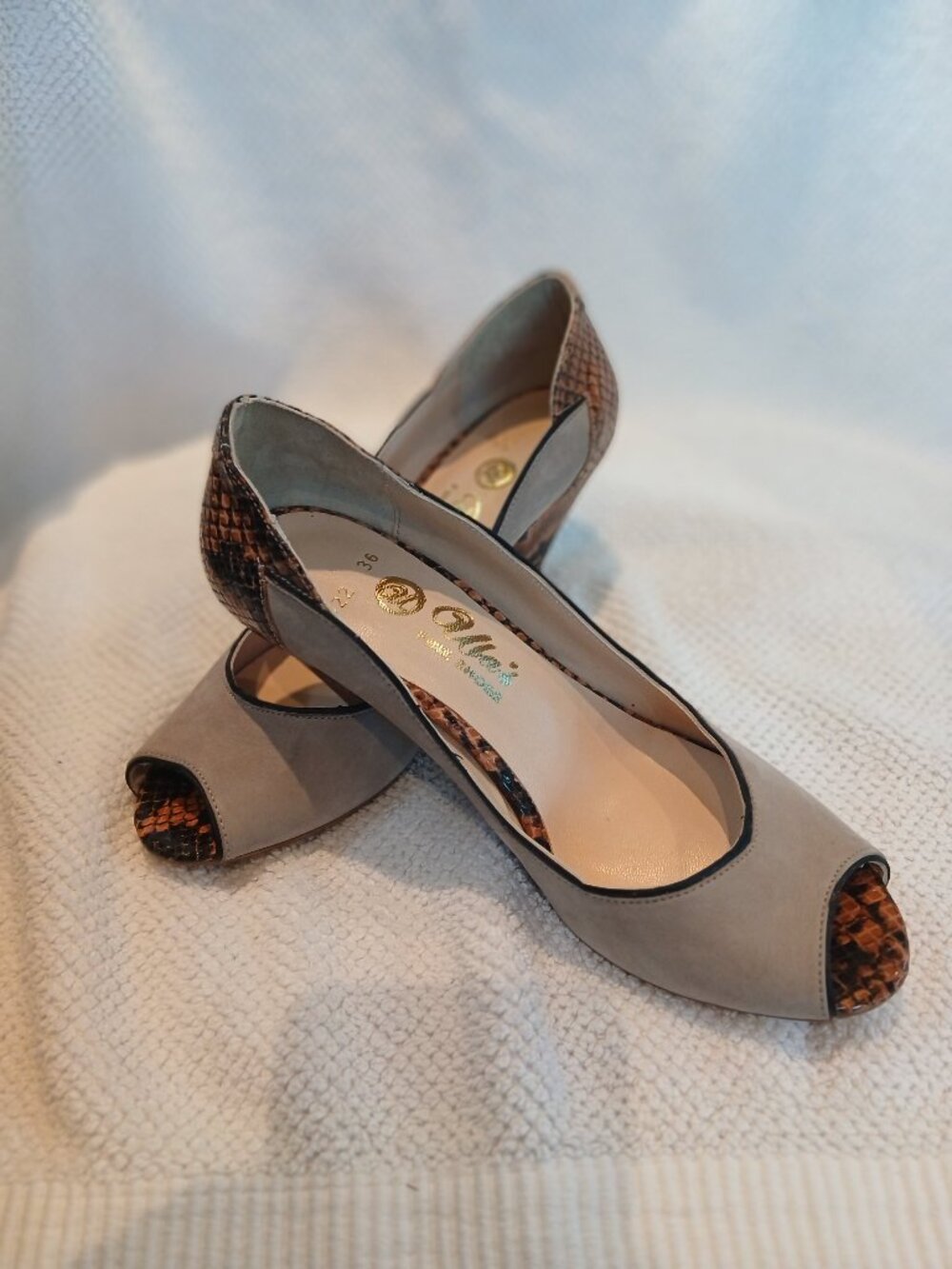 Crisp suede and multi colored croco leather short heels . New and unworn.